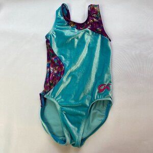 Child's GK Elite Velvet Teal and Purple Leotard Size Medium.